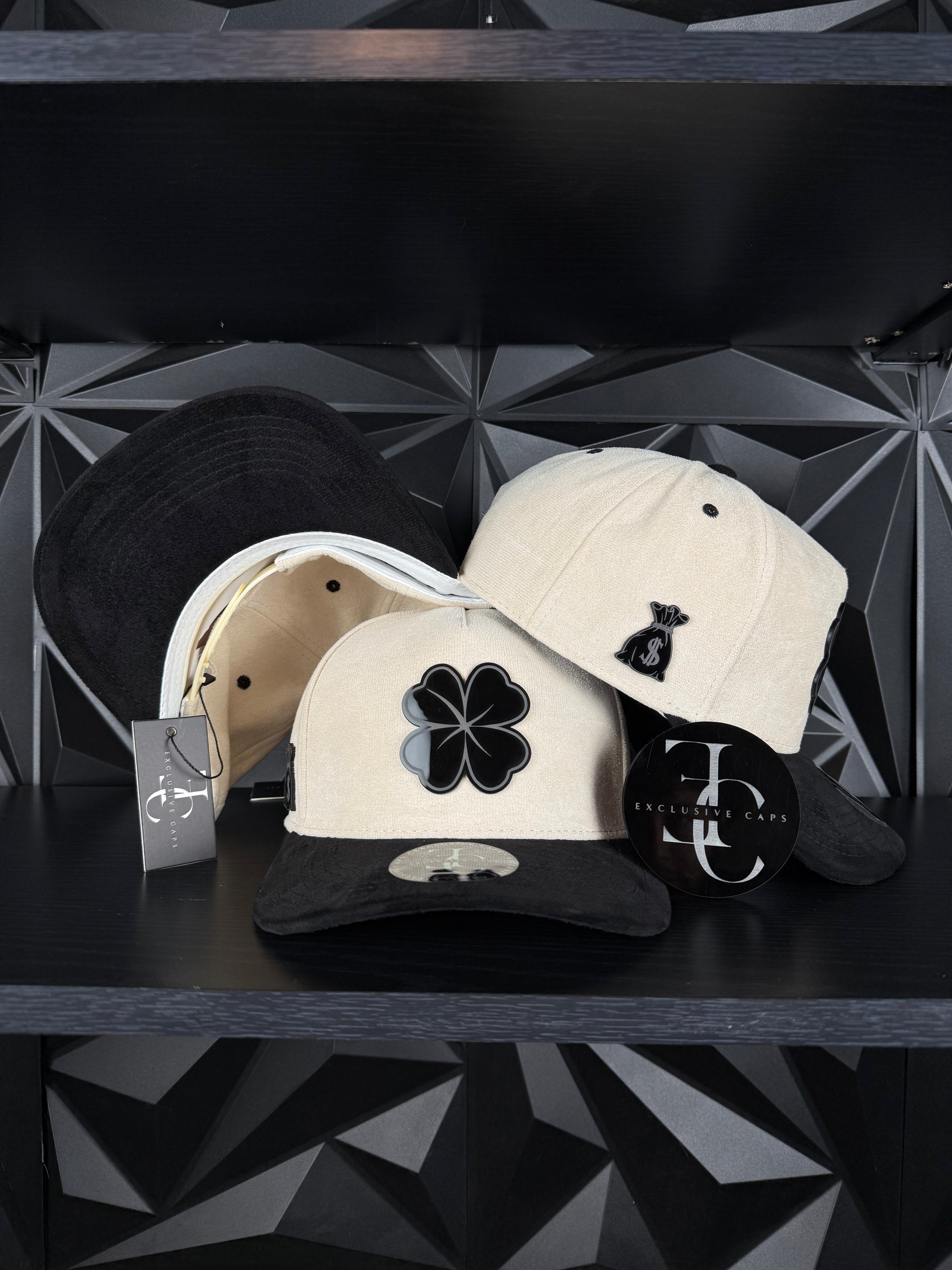 Exclusive Caps Clover SnapBack Hat - Off-White/Black Side with Black Clover Logo Design