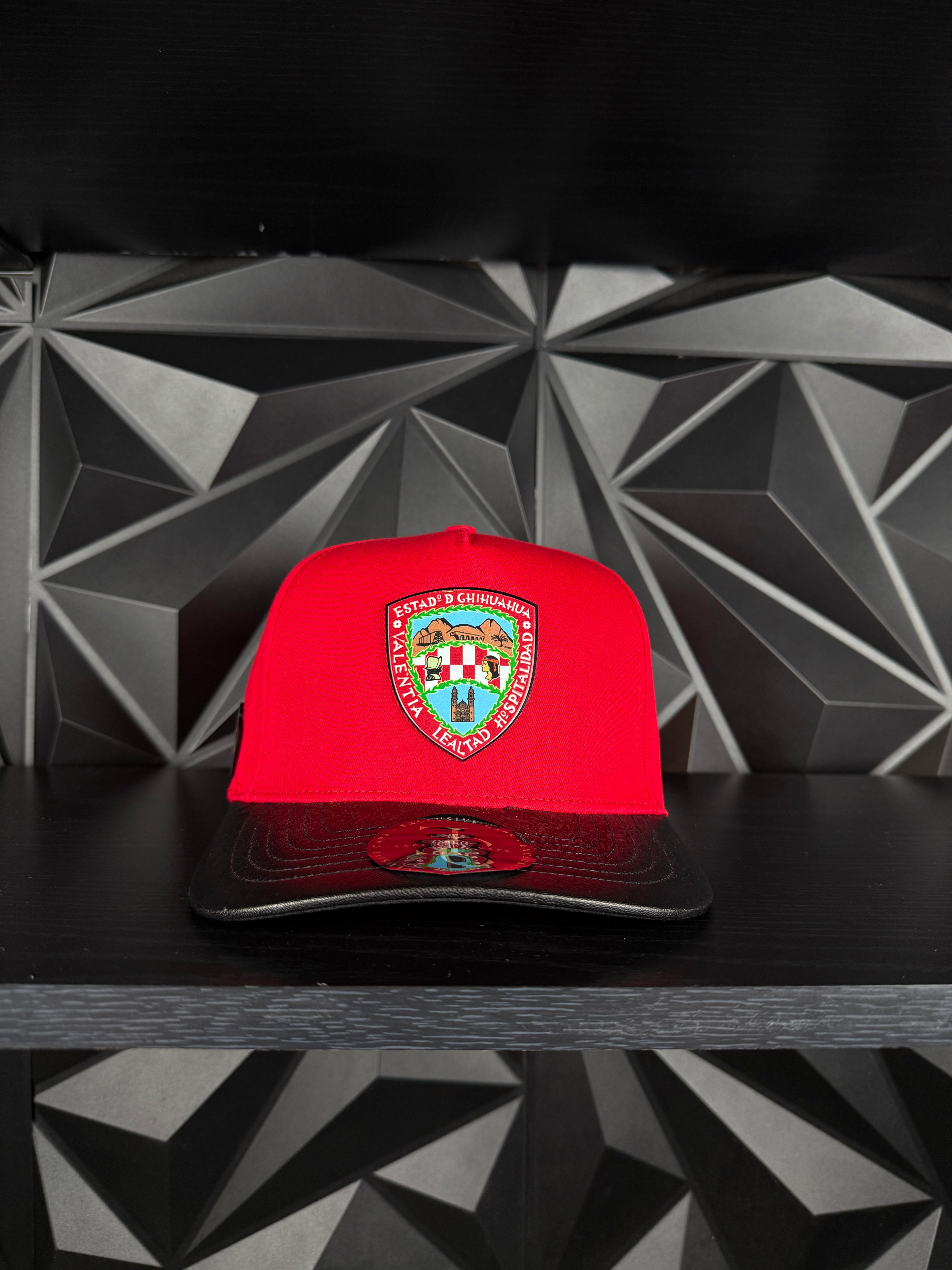Exclusive caps Escudo de chihuahua SnapBack hat-Red/Black leather brim
