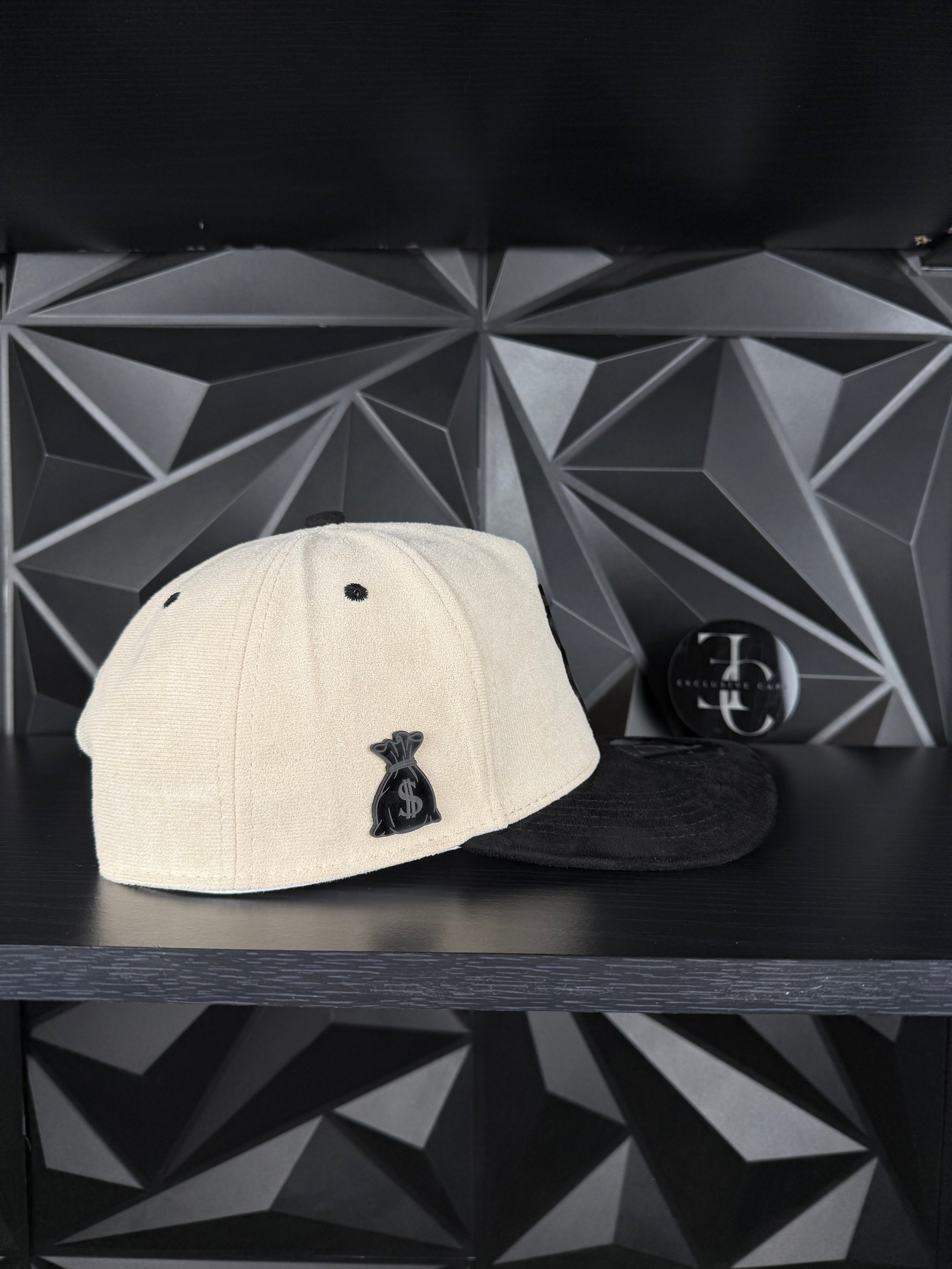 Exclusive Caps Clover SnapBack Hat - Off-White/Black Side with Black Clover Logo Design