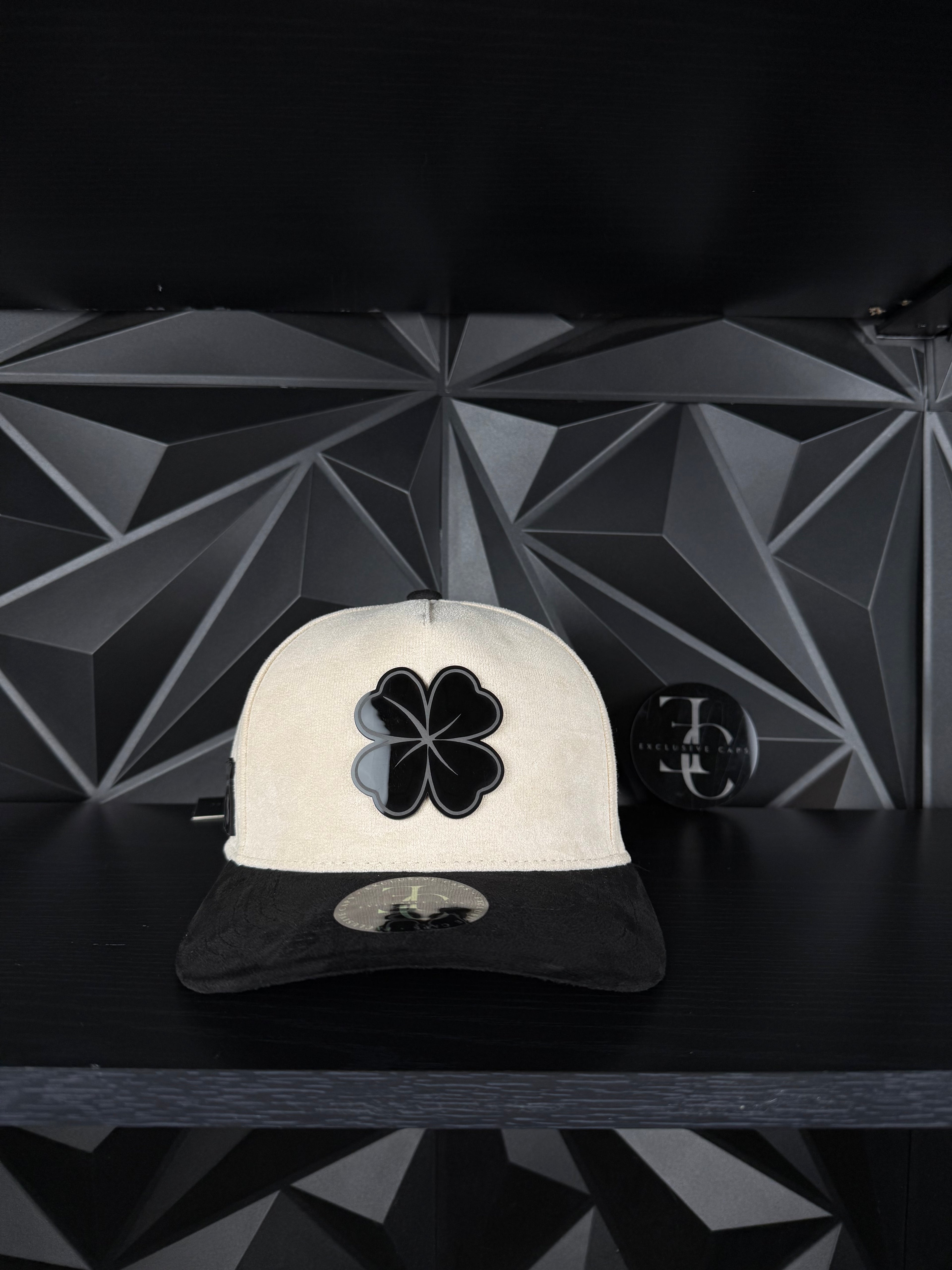 Exclusive Caps Clover SnapBack Hat - Off-White/Black Side with Black Clover Logo Design