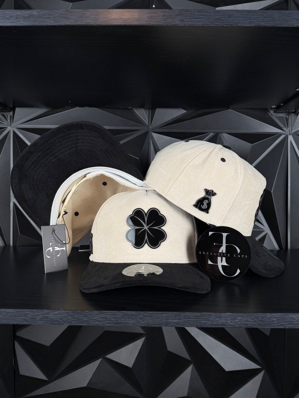 Exclusive Caps Clover SnapBack Hat - Off-White/Black Side with Black Clover Logo Design
