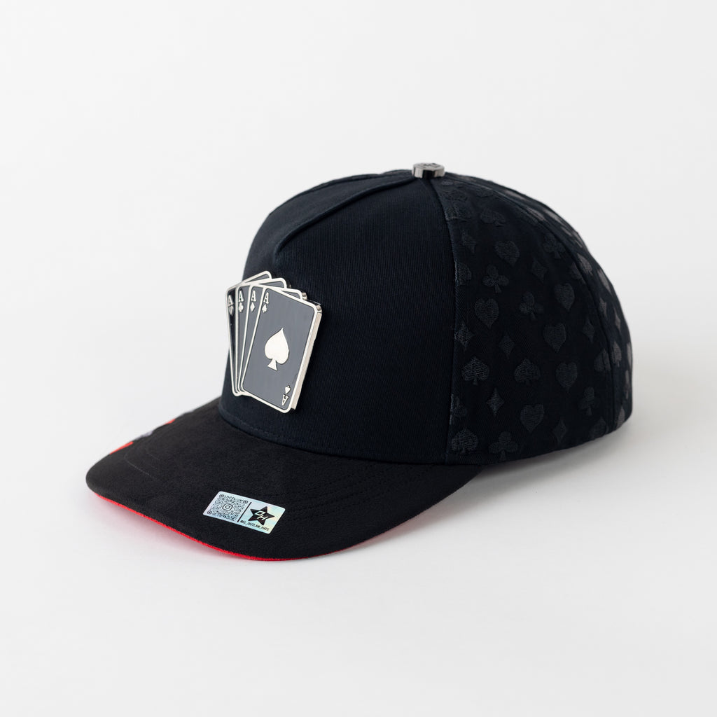 Poker Metallic Plate Black Cotton Cap/Red Suede Visor SnapBack - Outlaw Hats
