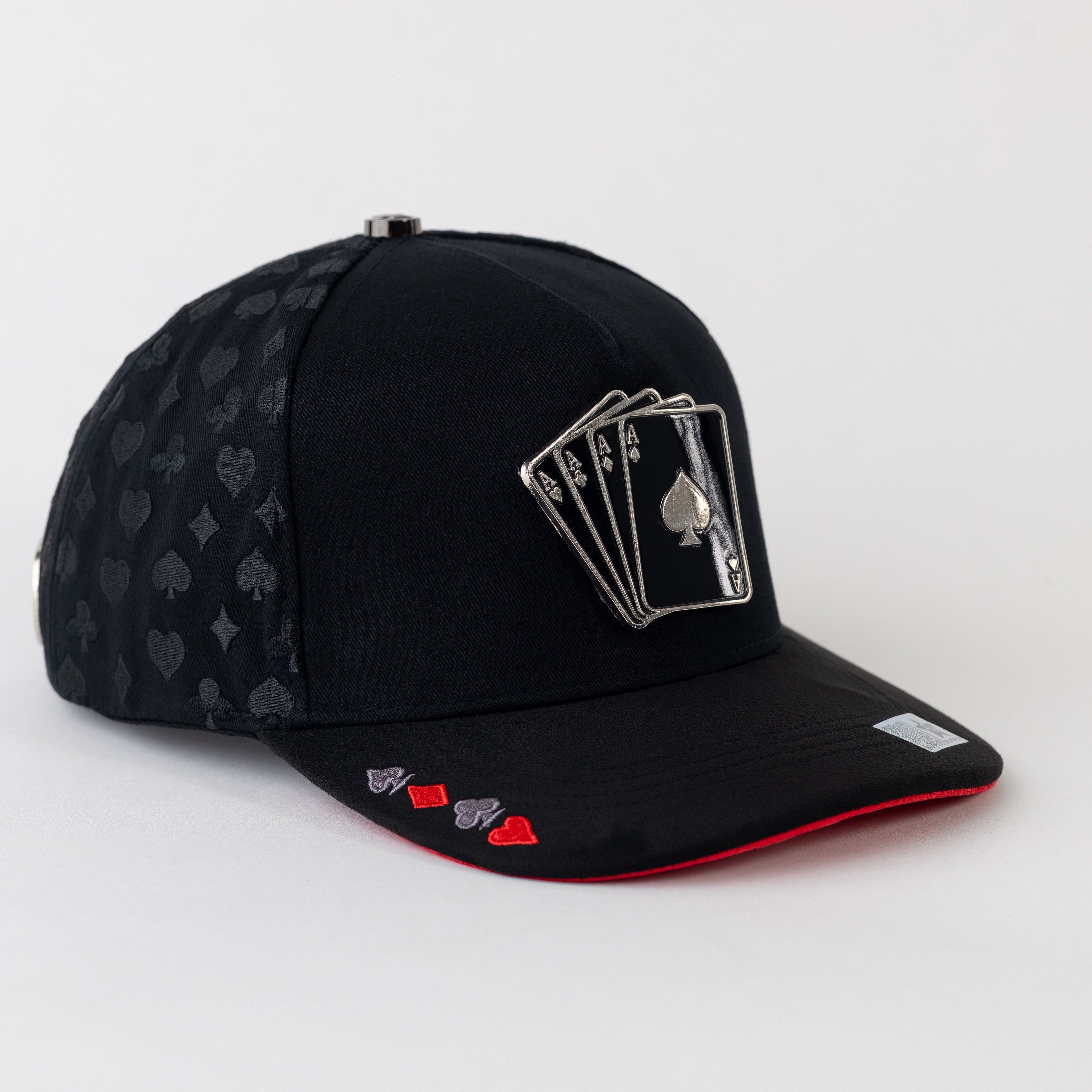 Poker Metallic Plate Black Cotton Cap/Red Suede Visor SnapBack - Outlaw Hats