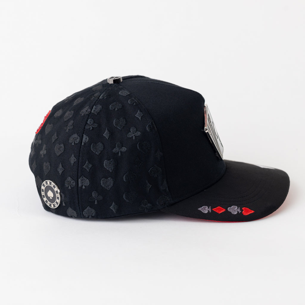 Poker Metallic Plate Black Cotton Cap/Red Suede Visor SnapBack - Outlaw Hats