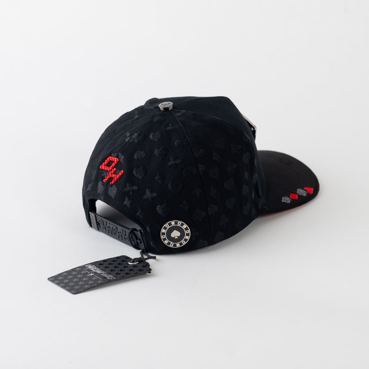 Poker Metallic Plate Black Cotton Cap/Red Suede Visor SnapBack - Outlaw Hats