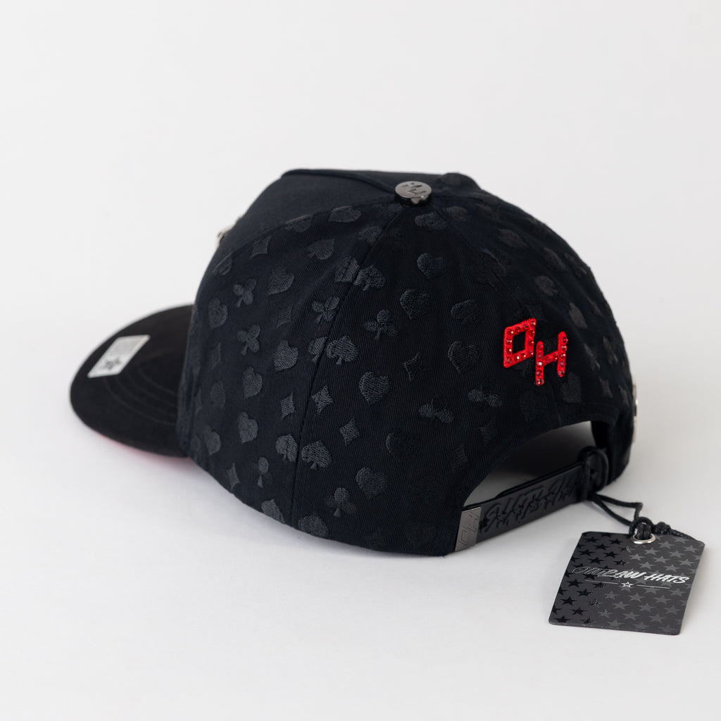 Poker Metallic Plate Black Cotton Cap/Red Suede Visor SnapBack - Outlaw Hats