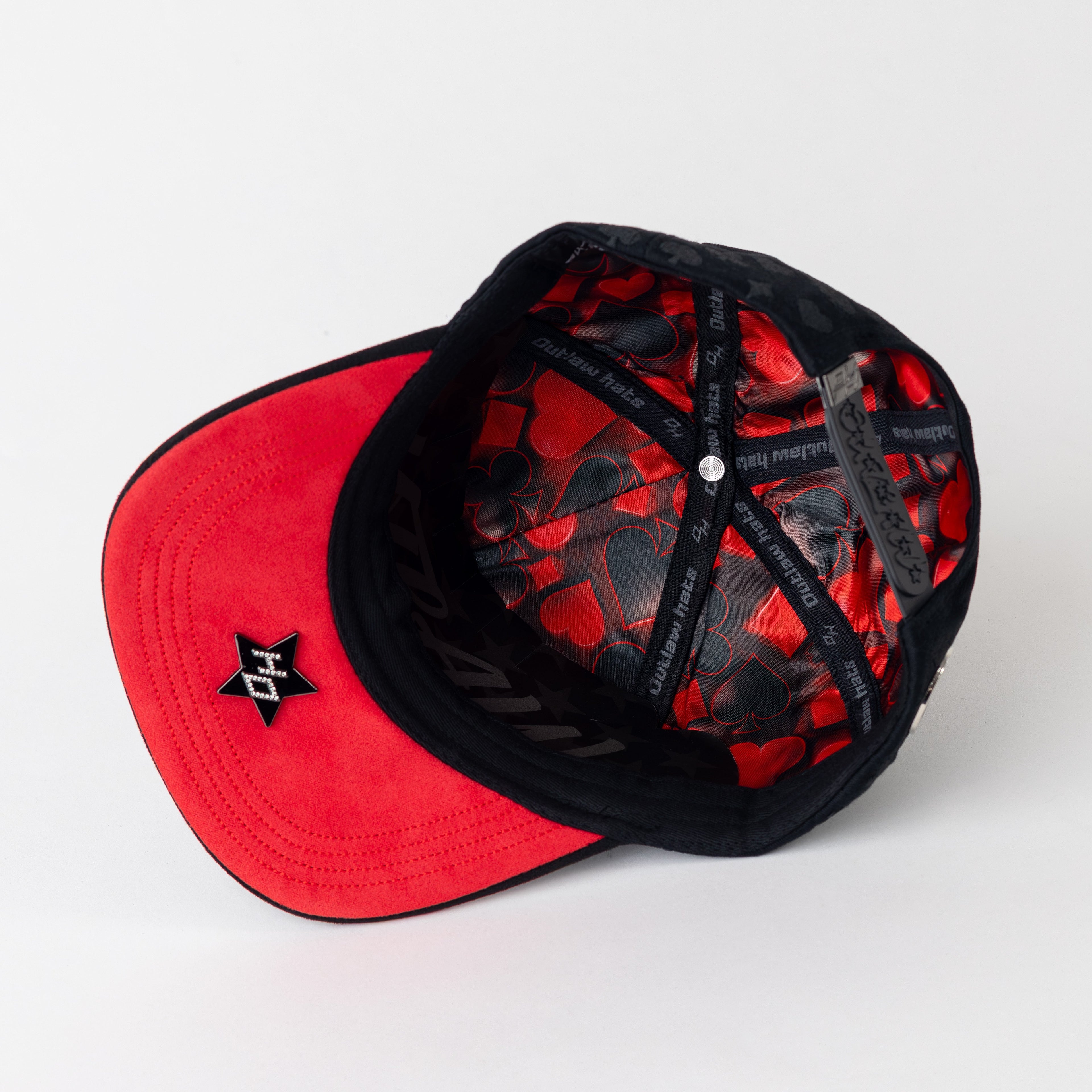 Poker Metallic Plate Black Cotton Cap/Red Suede Visor SnapBack - Outlaw Hats