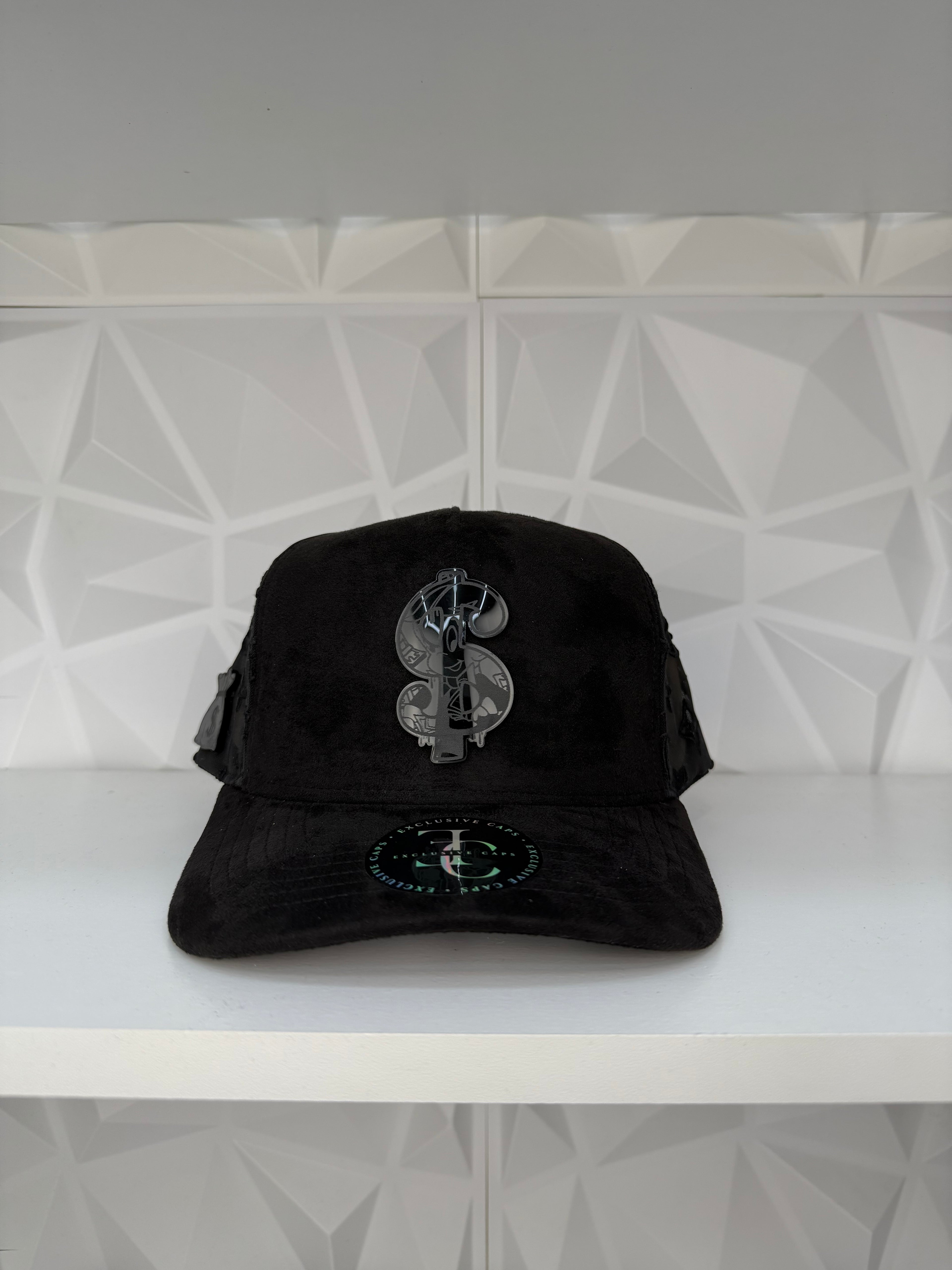 Money Sign SnapBack Gorra- Gamuza Negra